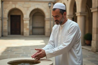 Homme musulman effectuant ses ablutions dans la cour d'une mosquée à Mantes-la-Jolie avant la prière