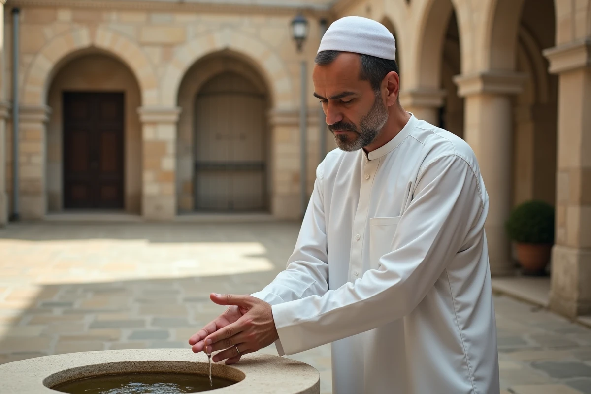 Homme musulman effectuant ses ablutions dans la cour d'une mosquée à Mantes-la-Jolie avant la prière