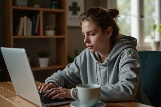 Jeune femme accédant à un site de streaming depuis son ordinateur portable à la maison