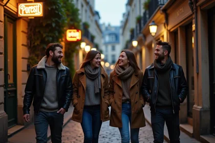 Groupe d'amis découvrant une activité insolite dans une ruelle de Montmartre à Paris le soir