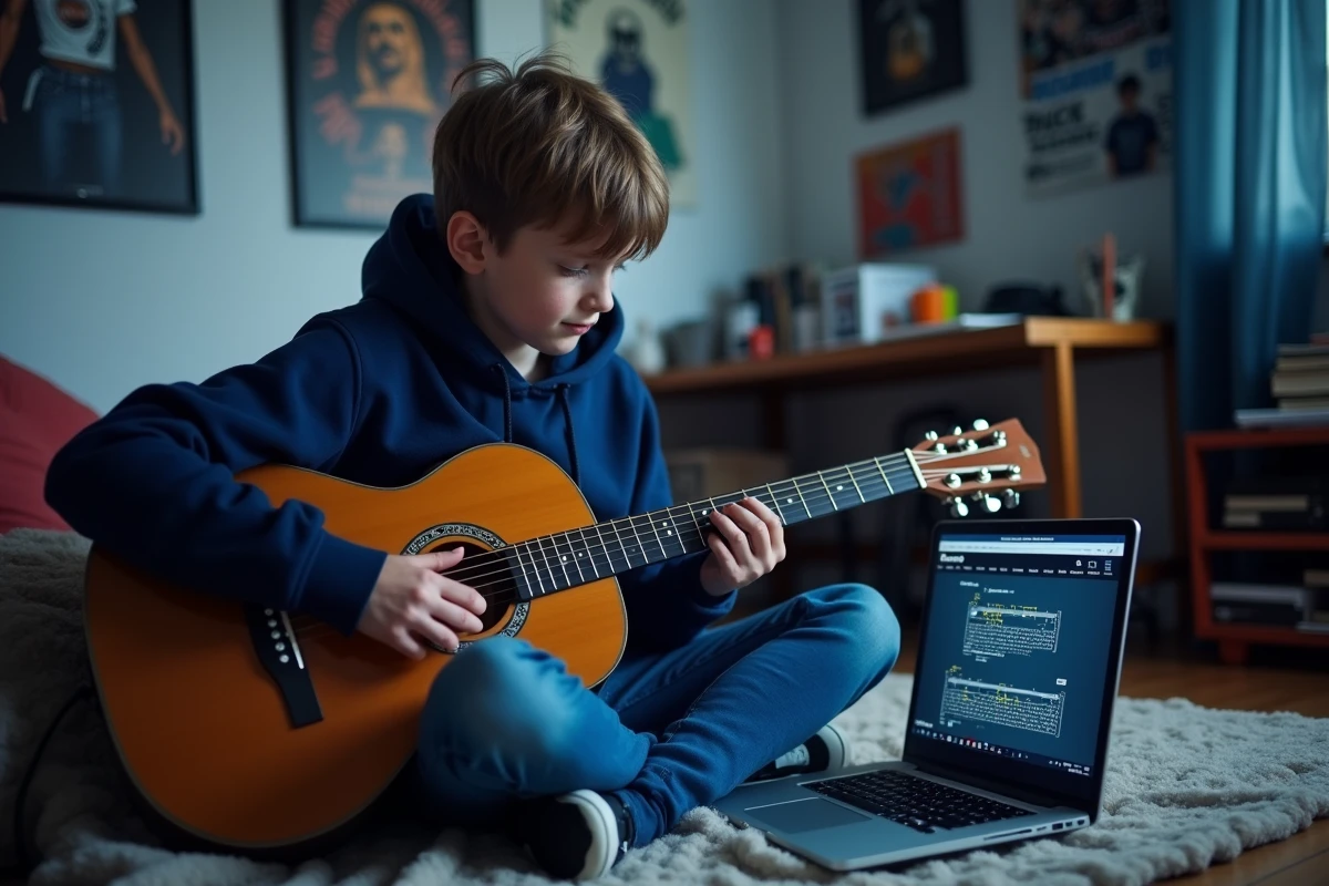 Adolescent débutant à la guitare qui suit une tablature de Mistral Gagnant sur un ordinateur portable dans sa chambre