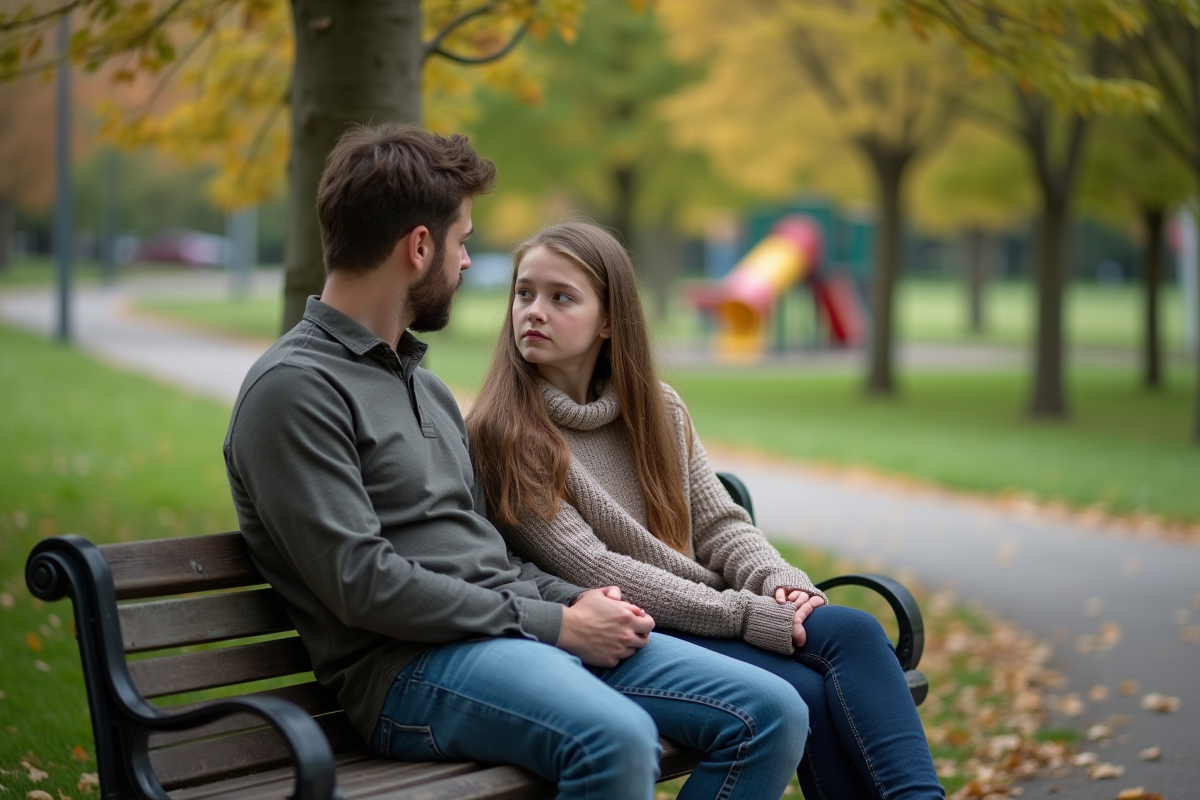 Fille adolescente et son beau-père discutant sur un banc dans un parc