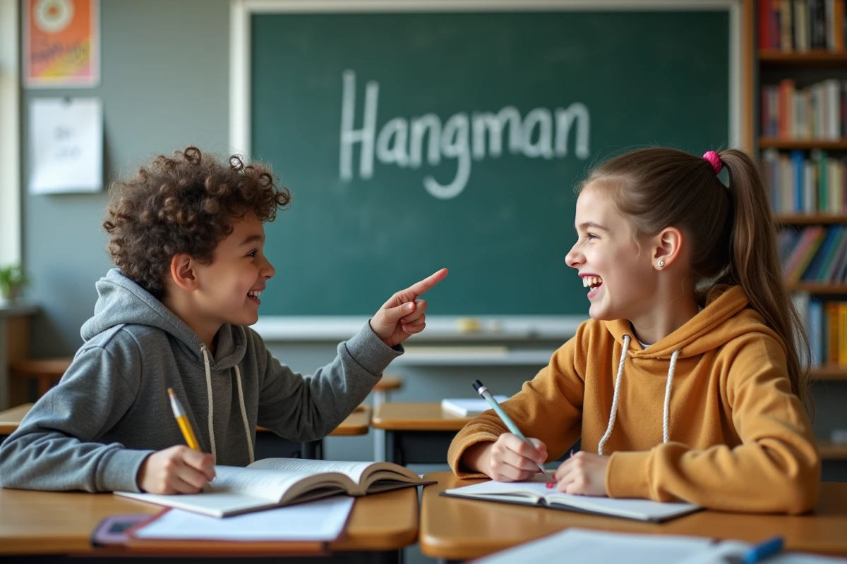 Adolescents riant en jouant au hangman en classe