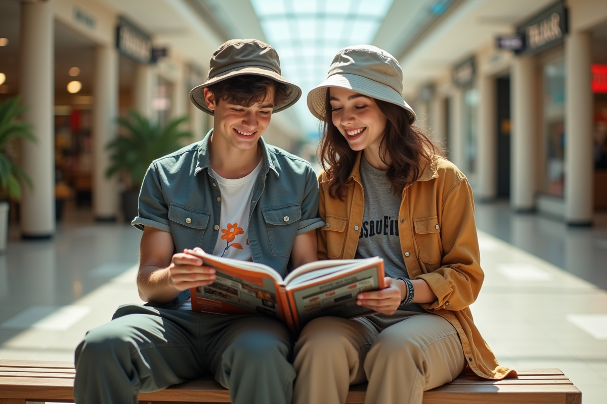 Adolescents assis dans un centre commercial rétro