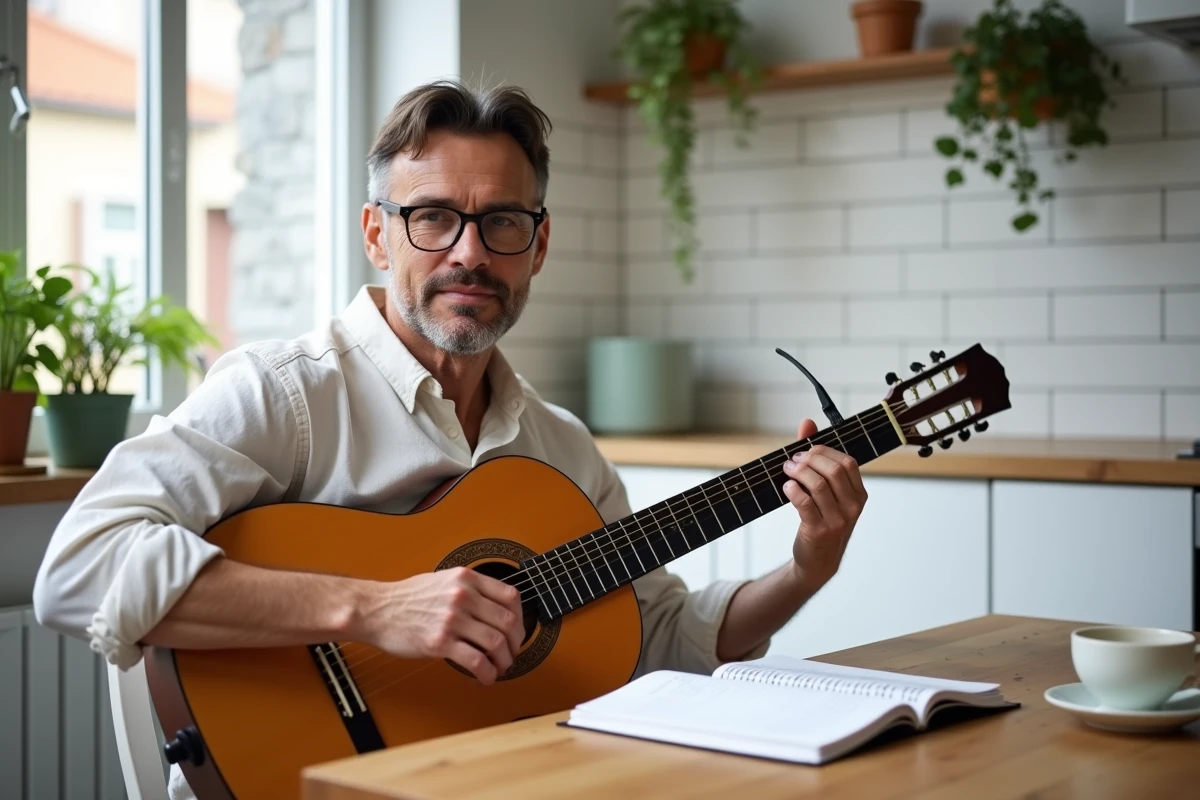 Homme adulte pratiquant la guitare classique avec un carnet de tablatures ouvert sur une table de cuisine moderne