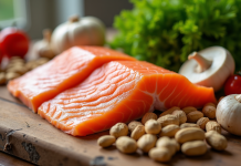 Sélection d'aliments riches en nutriments sur une table en bois