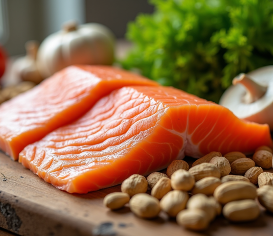 Comment pallier une carence en vitamine PP ? Sélection d'aliments riches en nutriments sur une table en bois