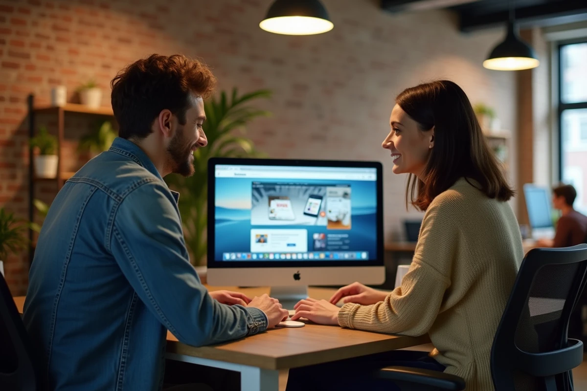 Deux amis cherchant l'adresse correcte d'un site de streaming de films sur un ordinateur de bureau