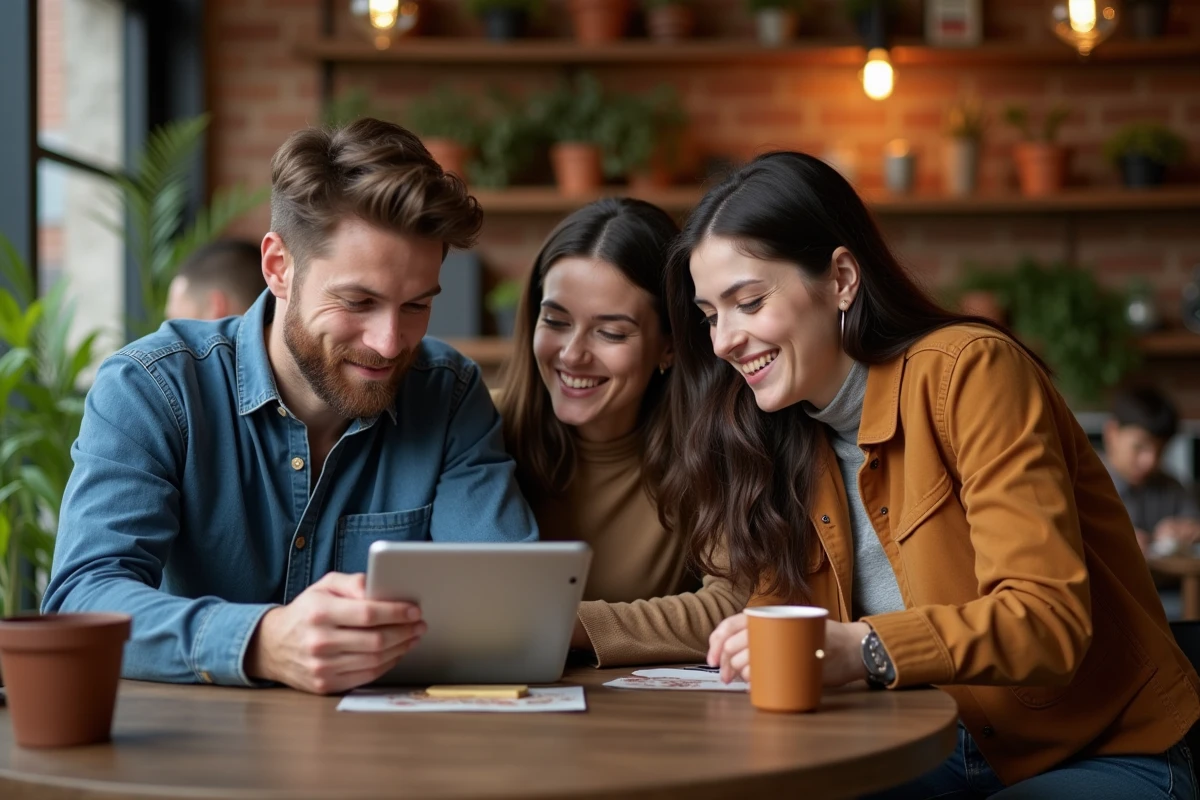 Trois amis regardent les résultats du Keno dans un café