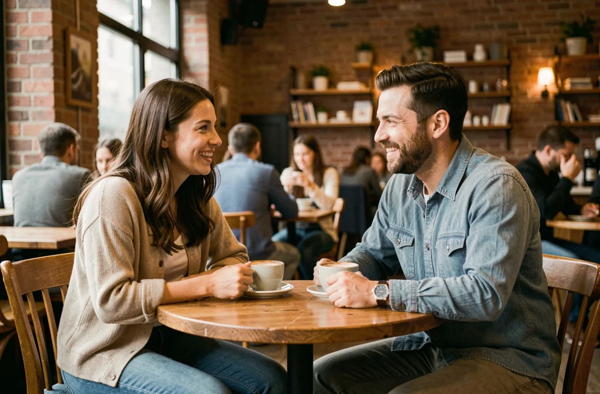 Deux amis adultes en conversation sincère dans un café urbain, illustrant une relation amicale authentique et ses limites naturelles