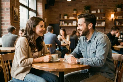Deux amis adultes en conversation sincère dans un café urbain, illustrant une relation amicale authentique et ses limites naturelles