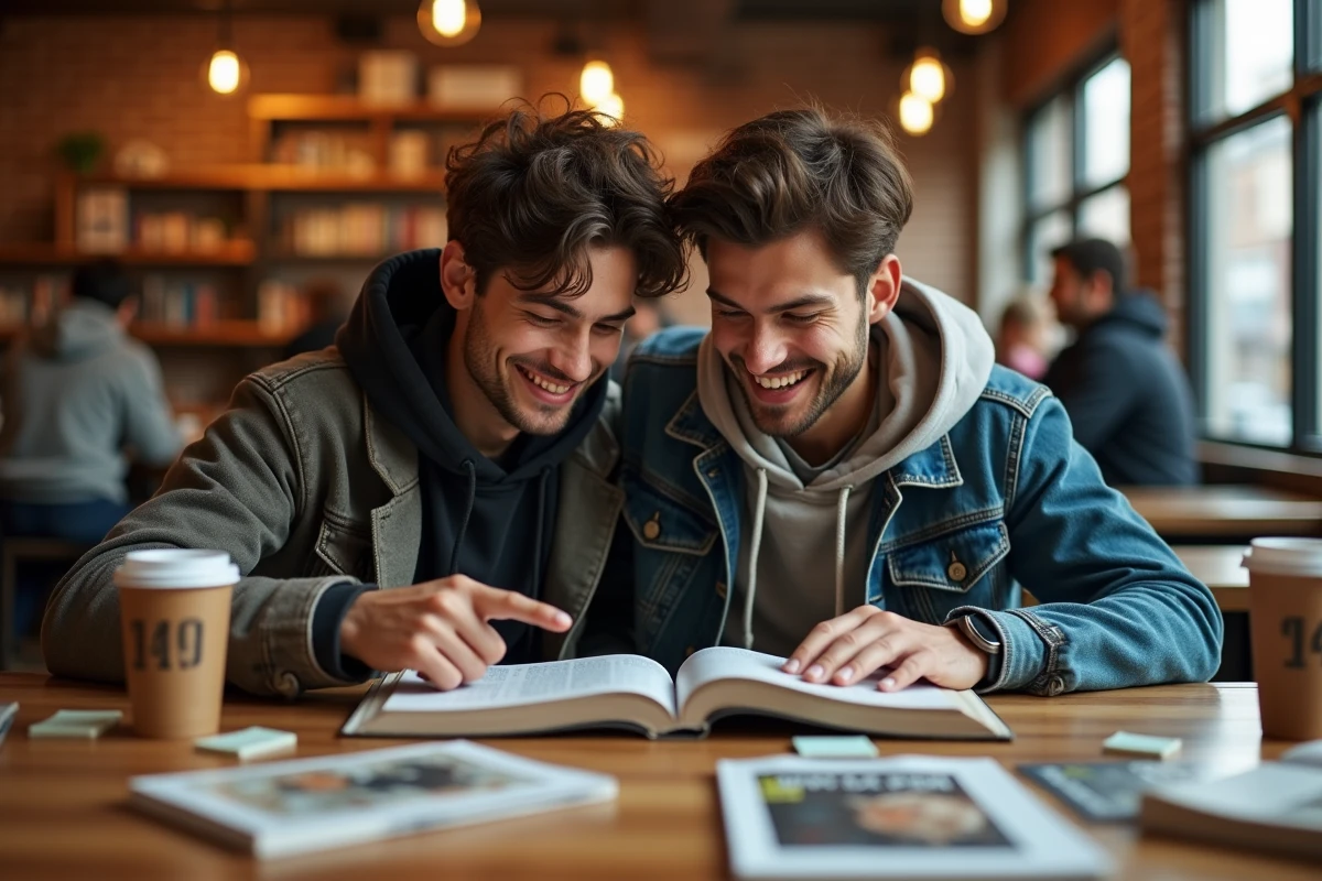 Deux jeunes hommes découvrant ensemble des mangas yaoi dans un café urbain décontracté