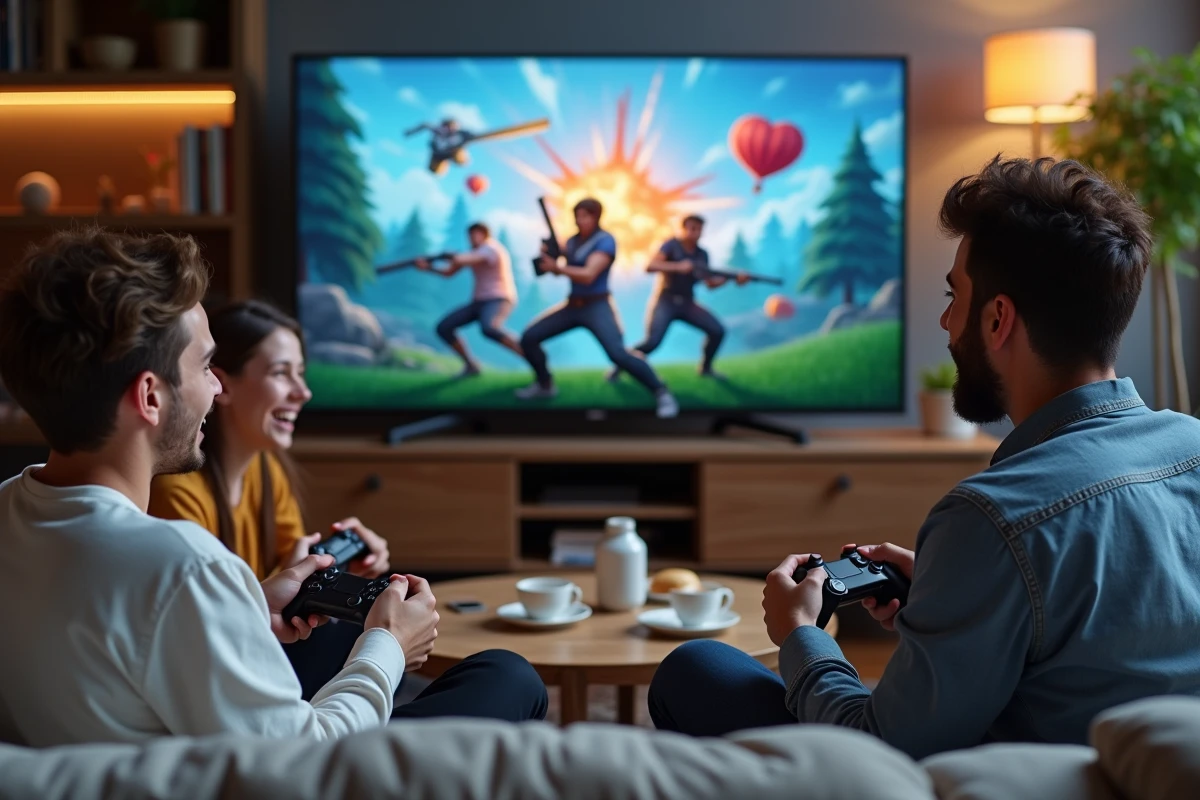 Groupe d'amis jouant à Fortnite ensemble sur console dans un salon moderne