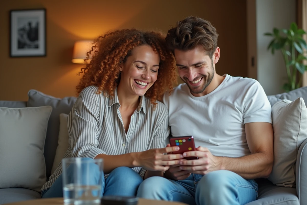 Deux amis cherchant ensemble la solution d'un jeu 4 Images 1 Mot 5 lettres sur canapé