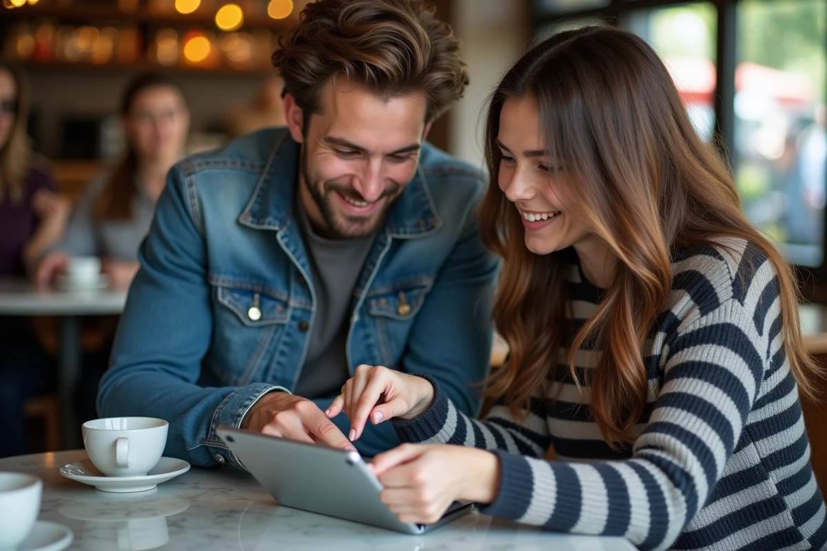 Deux amis consultant ensemble un site d'archive de jeux vidéo sur une tablette dans un café