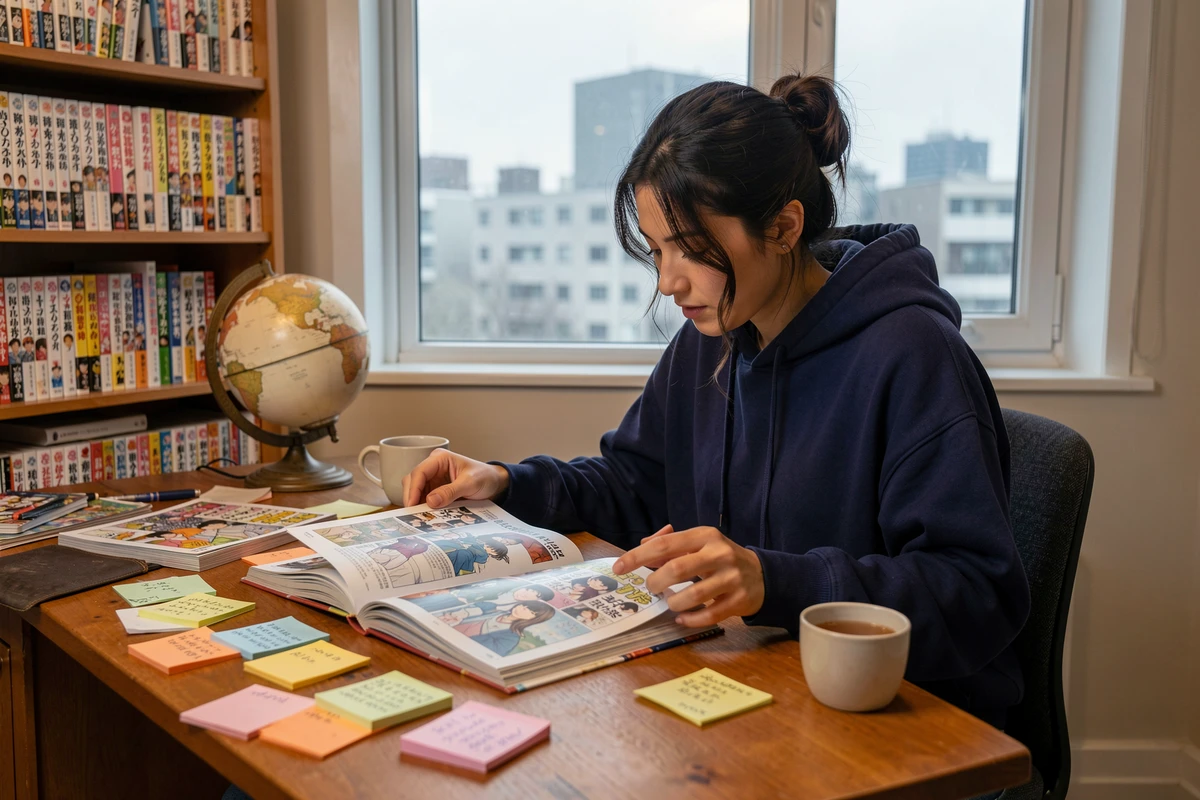 Femme analysant les scans du chapitre One Piece 1138 à son bureau avec des annotations manuscrites