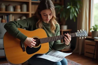 Jeune femme apprenant la guitare acoustique avec une tablature de Mistral Gagnant posée sur ses genoux dans un salon chaleureux