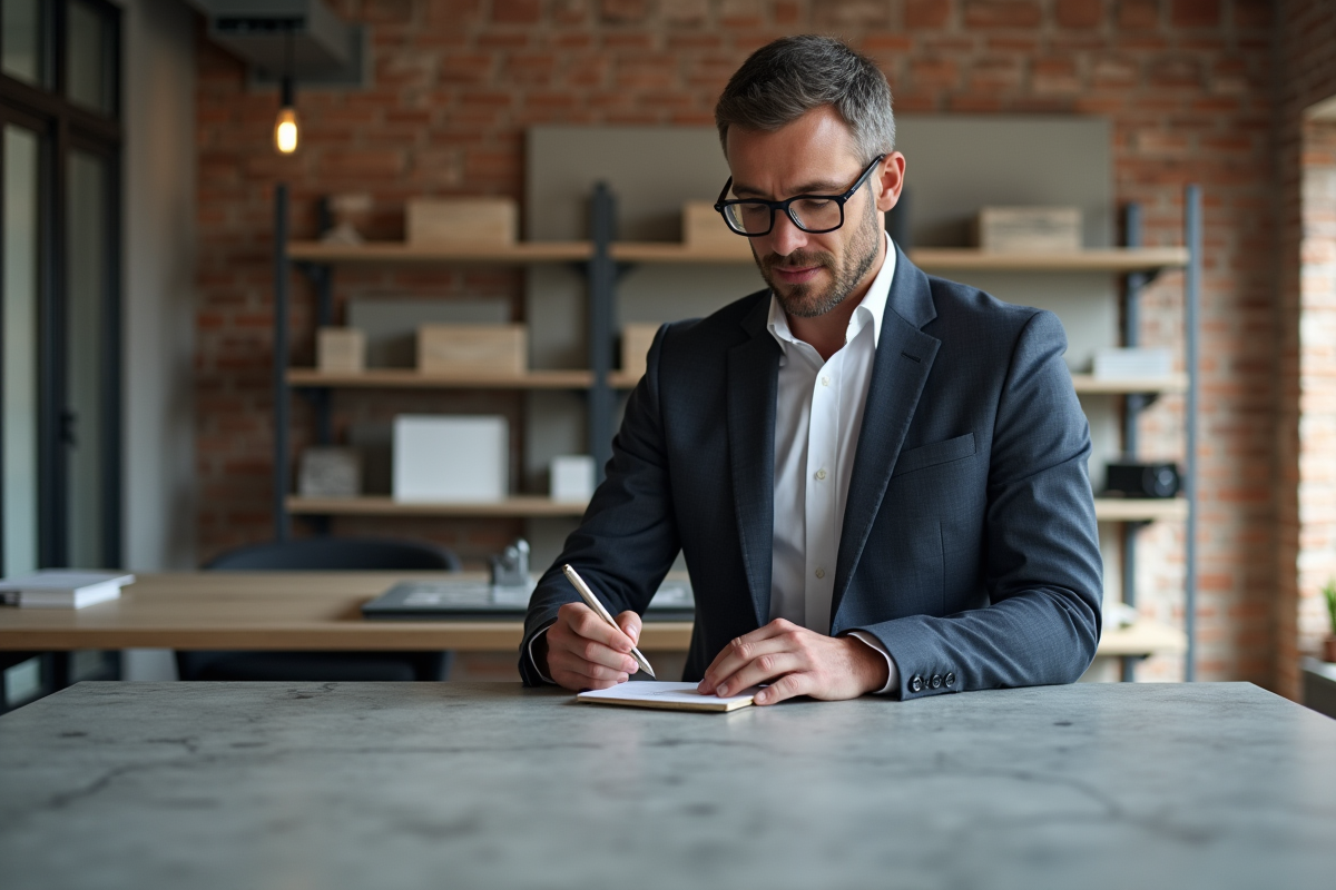 Architecte examinant un échantillon Dekton dans un studio