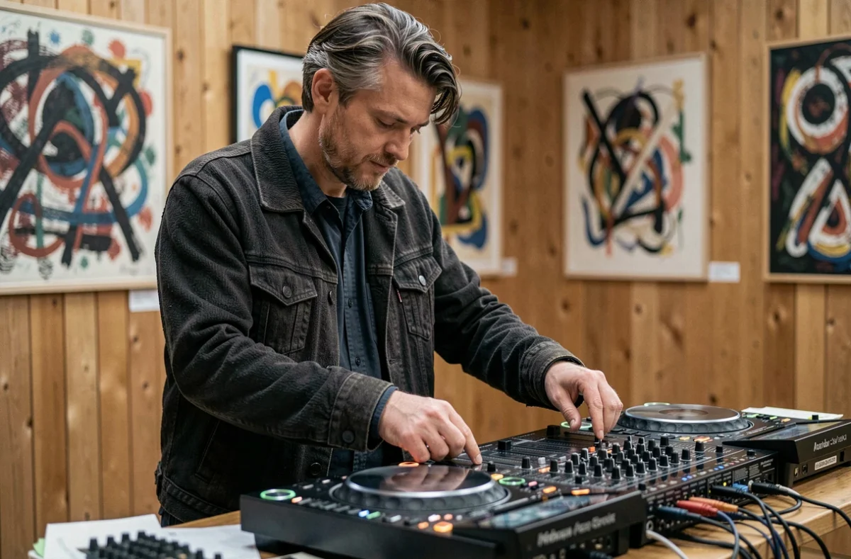 Aron Cluster derrière son setup hybride DJ et synthétiseur dans un espace culturel artistique