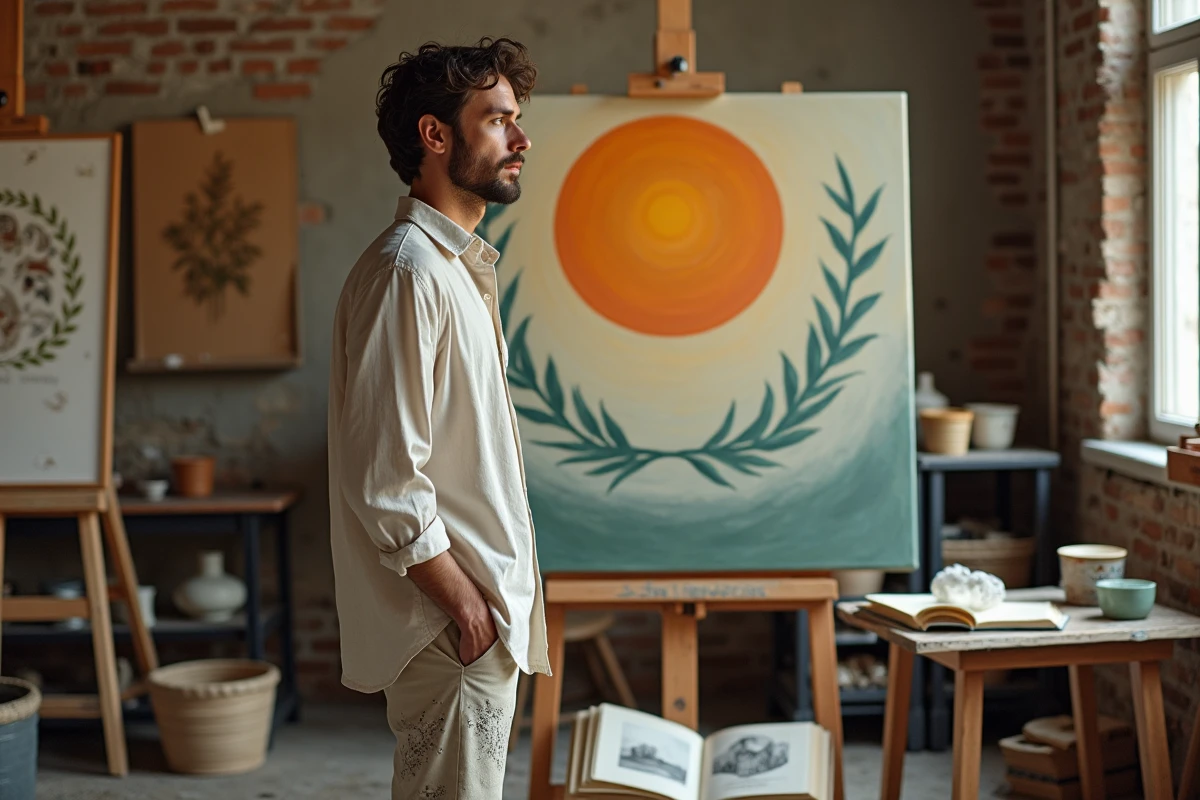 Jeune artiste peintre dans son atelier travaillant sur une toile aux symboles apolliniens, entouré de livres d'art et de références à la sculpture grecque antique
