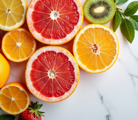 Assortiment de fruits citrus frais sur table blanche