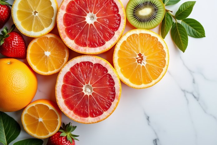 Assortiment de fruits citrus frais sur table blanche