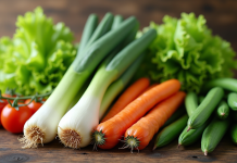 Assortiment de légumes frais en L sur une table en bois