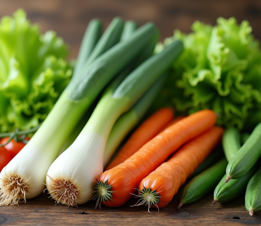 Assortiment de légumes frais en L sur une table en bois