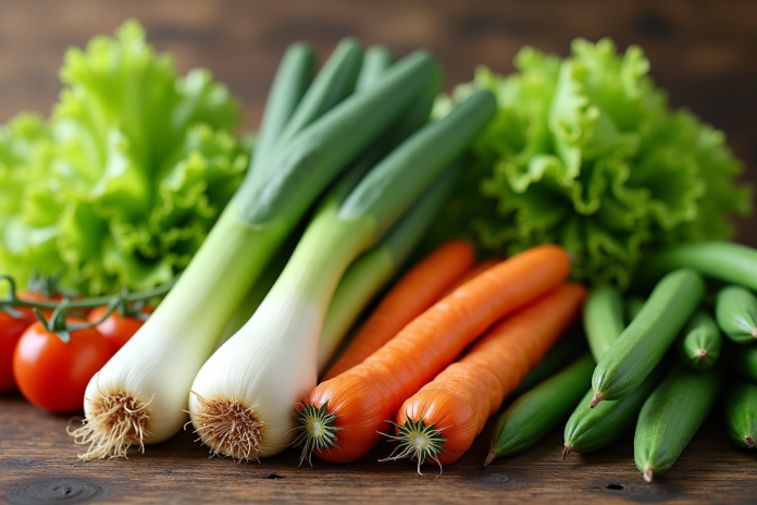 Assortiment de légumes frais en L sur une table en bois