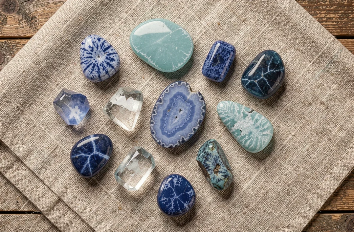 Assortiment de pierres bleues variées sodalite agate aigue-marine turquoise disposées en flat lay sur lin naturel