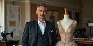 Homme élégant en costume dans un atelier de couture parisien