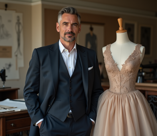 Homme élégant en costume dans un atelier de couture parisien