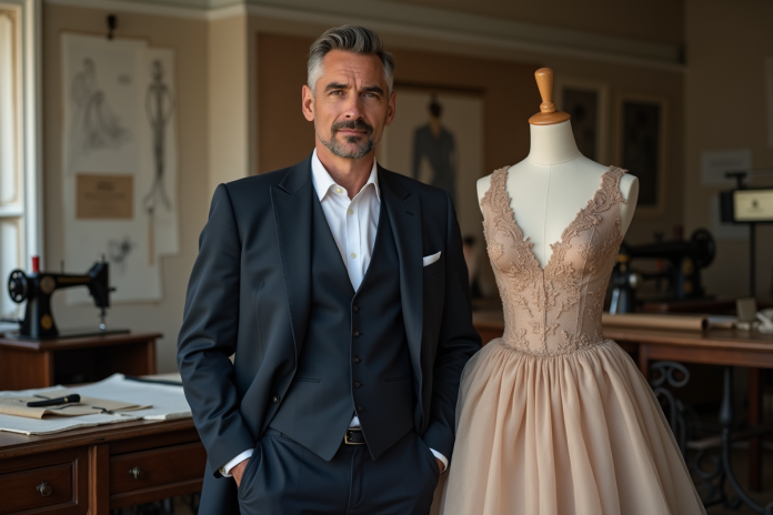atelier-mode-paris Homme élégant en costume dans un atelier de couture parisien