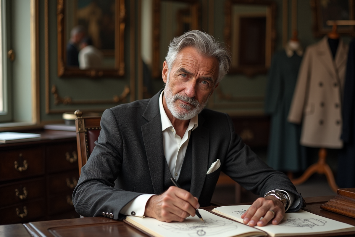 Homme élégant en costume esquissant dans un atelier parisien