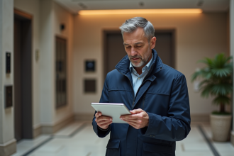 Auditeur énergie en inspection dans un lobby résidentiel moderne