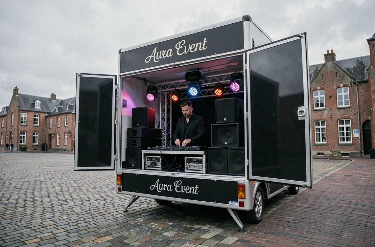 Setup mobile Aura Event installé devant une salle en briques dans le Pas-de-Calais