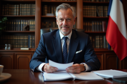 Avocat en costume navy dans un bureau avec livres et drapeau français