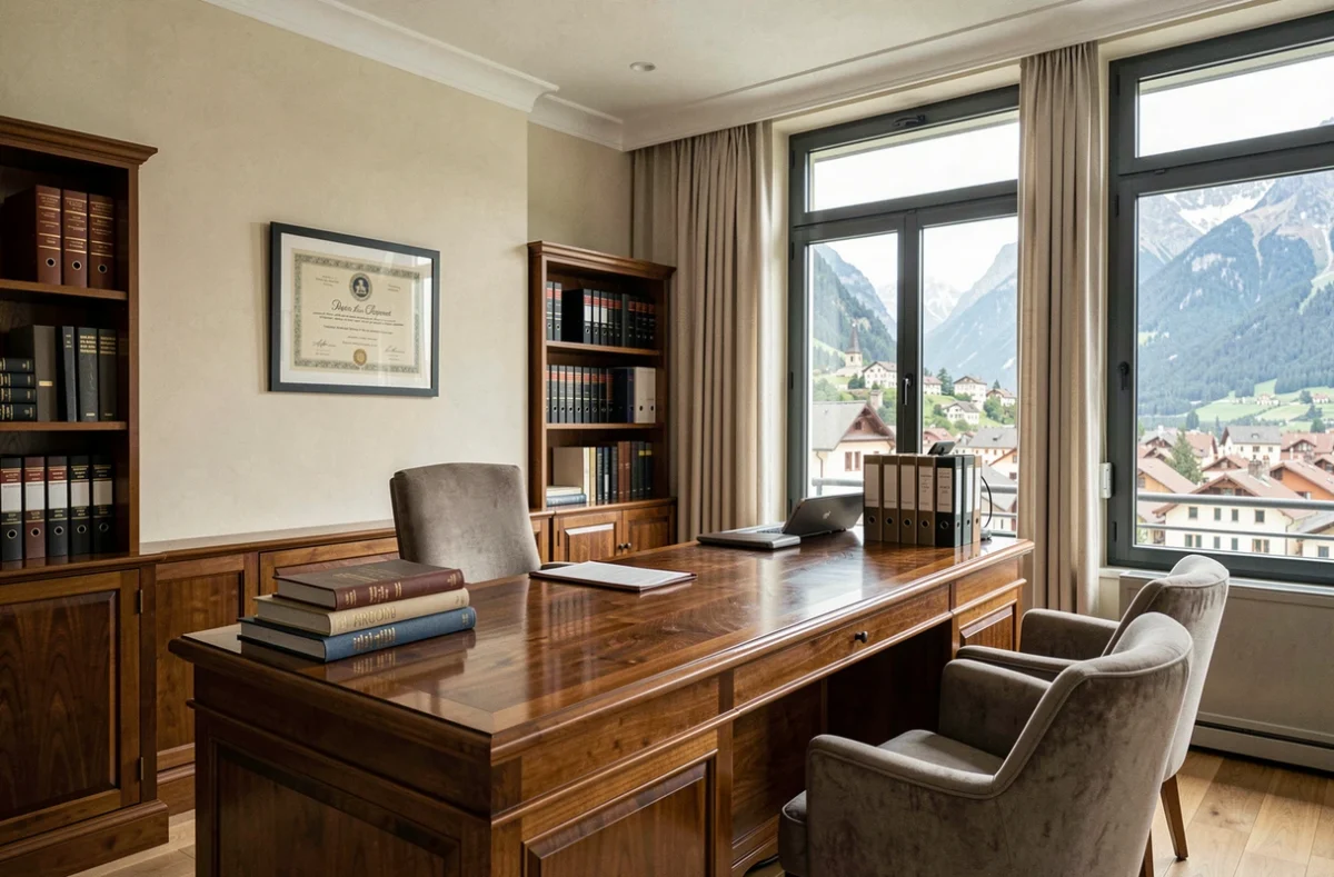 Cabinet d'avocat à Annecy avec vue sur les Alpes, livres juridiques et atmosphère professionnelle