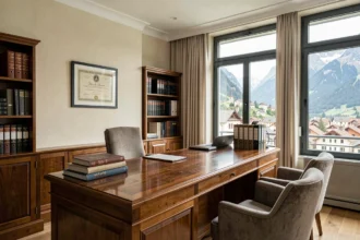 Cabinet d'avocat à Annecy avec vue sur les Alpes, livres juridiques et atmosphère professionnelle