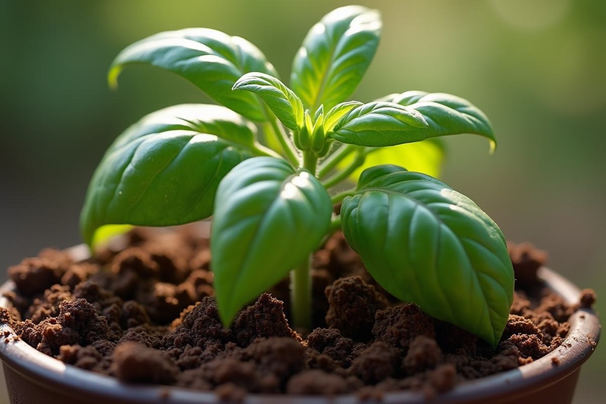 Basilic mal placé dans un pot avec terre humide et feuilles tombantes
