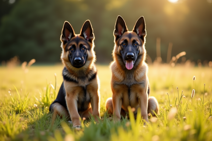 Jeune berger allemand et malinois dans un pré ensoleillé