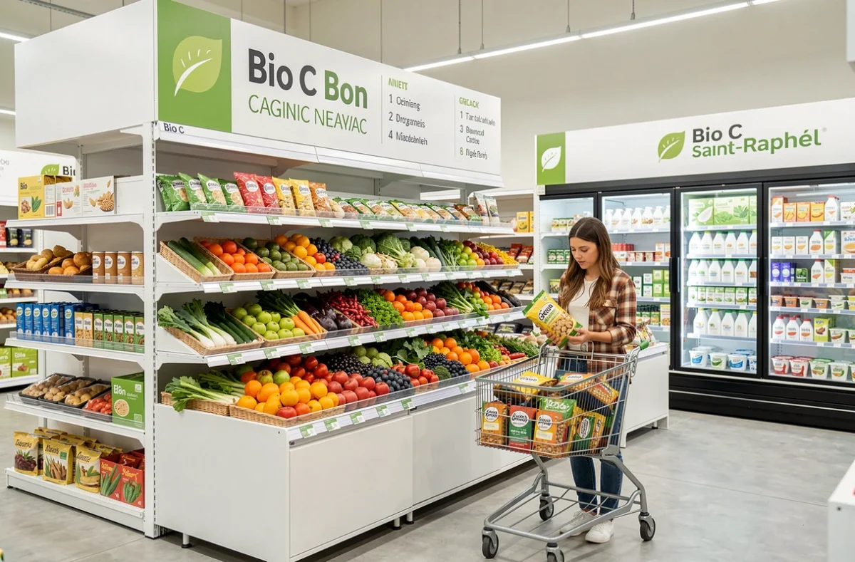 Magasin Bio C Bon à Saint-Raphaël avec ses rayons modernes et épurés de produits biologiques certifiés et sa section fruits et légumes