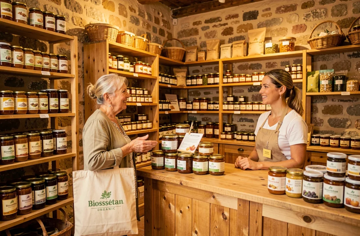 Boutique Biossétan au Beausset avec ses murs en pierre, ses produits bios artisanaux du Var et son ambiance chaleureuse de proximité