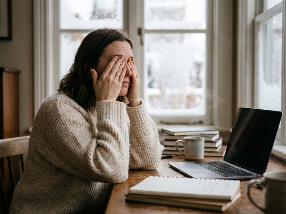 Blogueuse fatiguée qui se frotte les yeux devant son ordinateur portable en hiver dans un bureau à domicile chaleureux