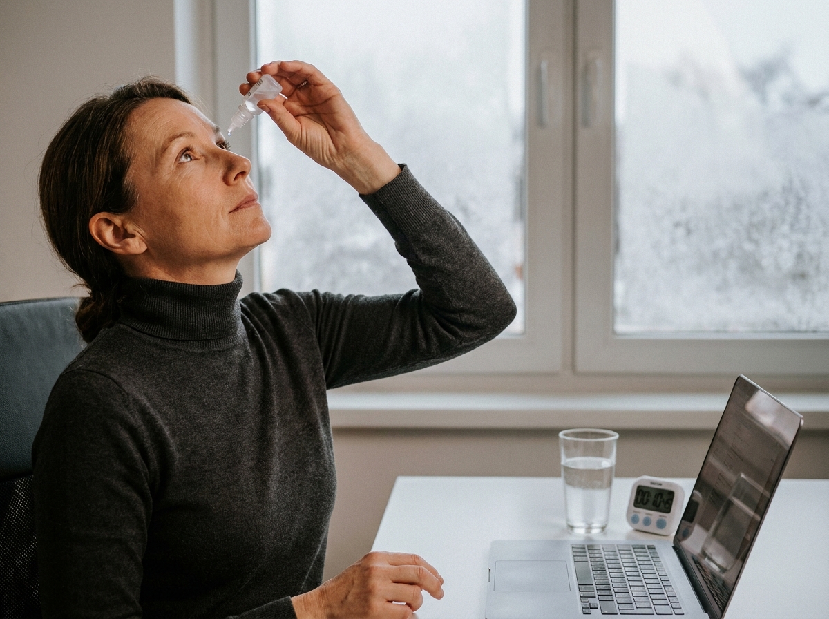 Femme blogueuse appliquant des gouttes ophtalmiques pour soulager ses yeux fatigués devant son ordinateur en hiver