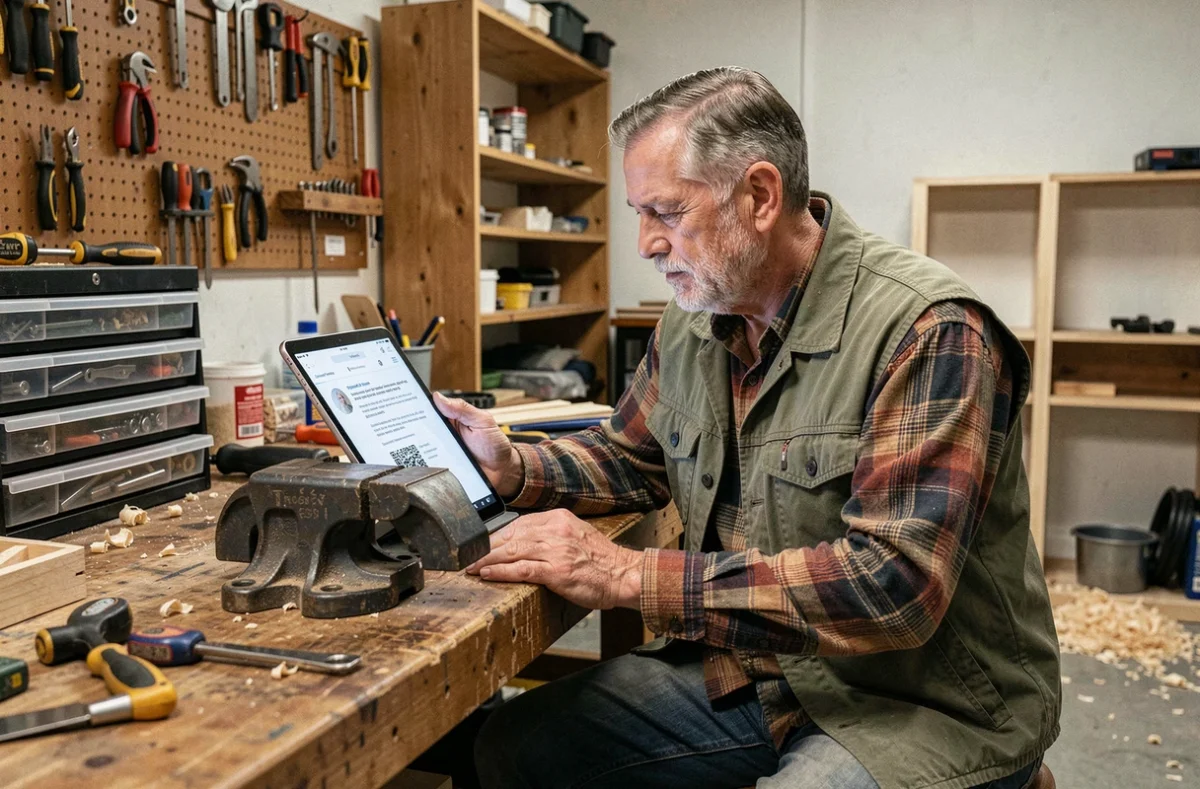 Bricoleur expérimenté consultant une réponse en ligne sur tablette depuis son atelier de garage le week-end