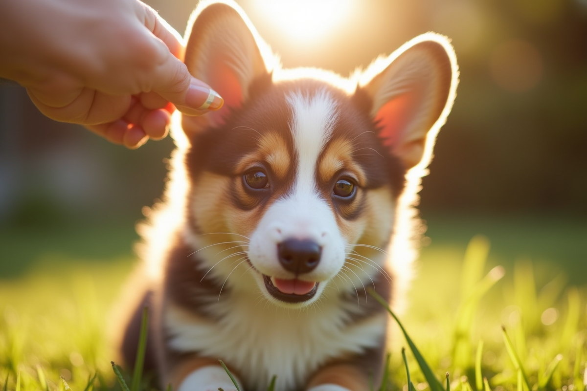 Brossage doux d un chiot corgi dans un jardin ensoleille