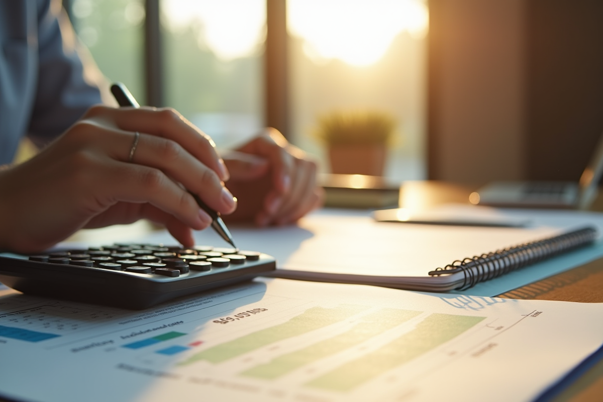 Espace de conseil financier avec calculatrice et document retraite