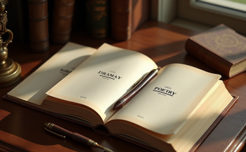 Genres littéraires : Découvrez les trois genres principaux en littérature Bureau en bois avec livres ouverts sur la littérature