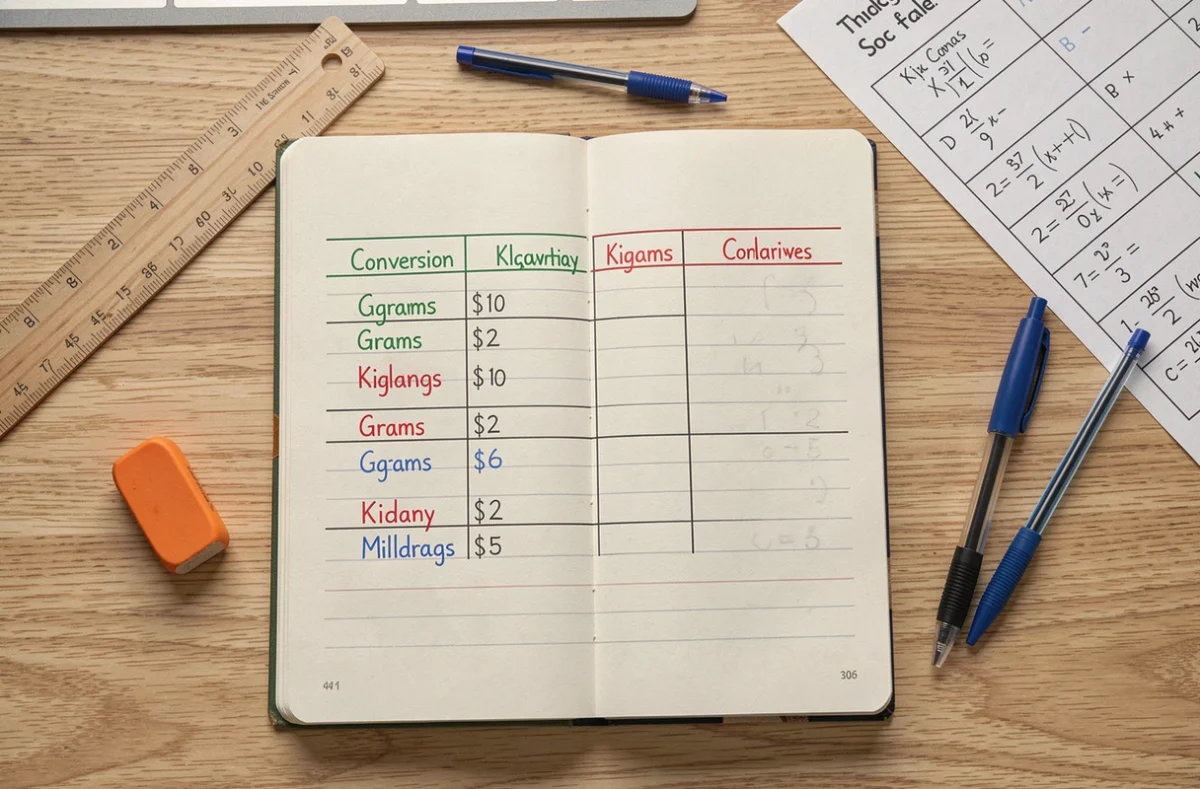 Vue du dessus d'un cahier scolaire avec un tableau de conversion kg manuscrit entouré de fournitures scolaires
